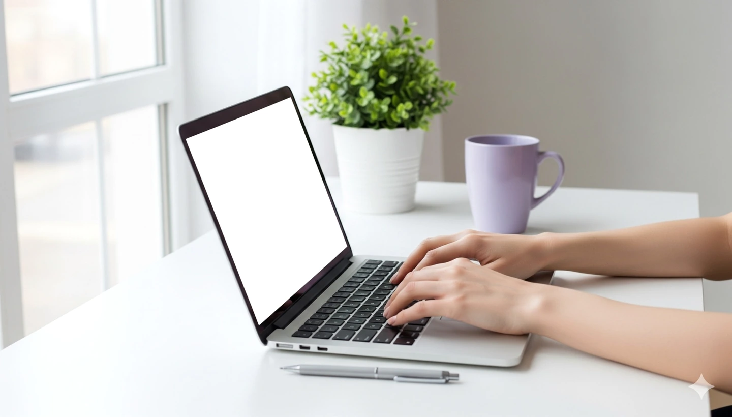 白いデスクでノートPCを操作する手元